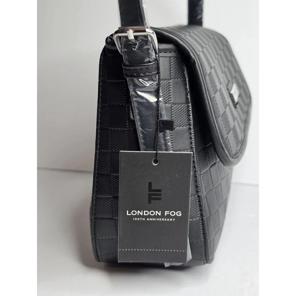 London Fog Houston Flap Over Shoulder Bag In Black W/Silver Hardware NWT